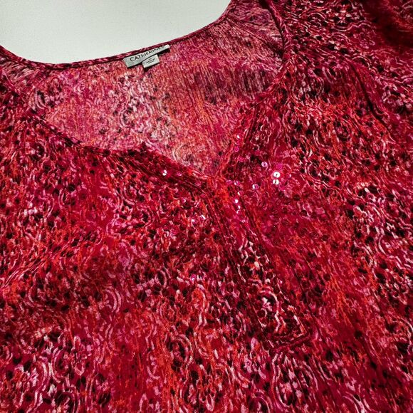 Catherines Women's 3X (26/28W) Tunic Crinkle Pink Damask Print Sequins Artsy - Picture 2 of 10